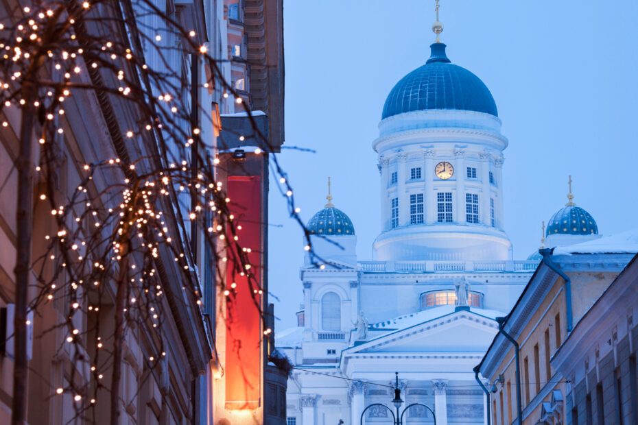 Lutheran Cathedral and Christmas decorations. Helsinki, Finland.