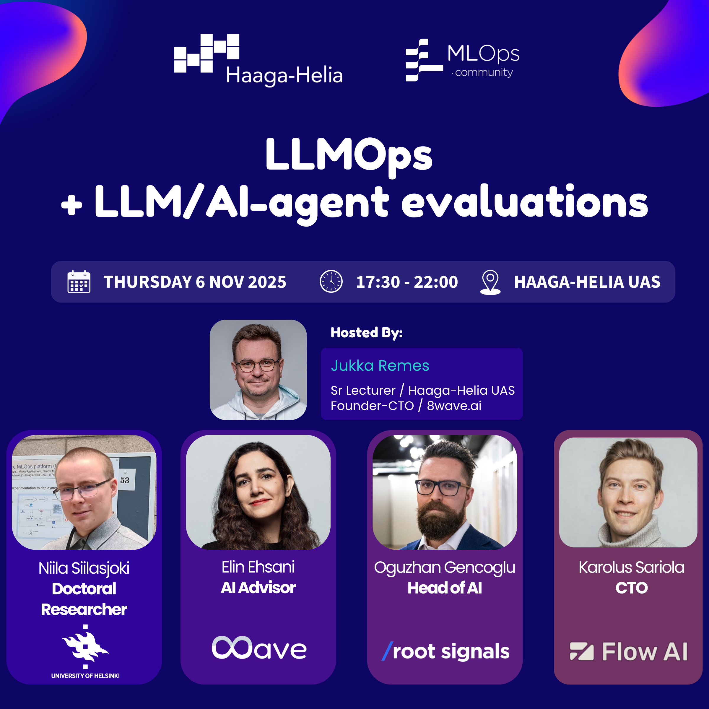 Helsinki Meetup Nov 6th 205 LLMOps + LLM/AI-agent Evaluations in Pasila, Helsinki