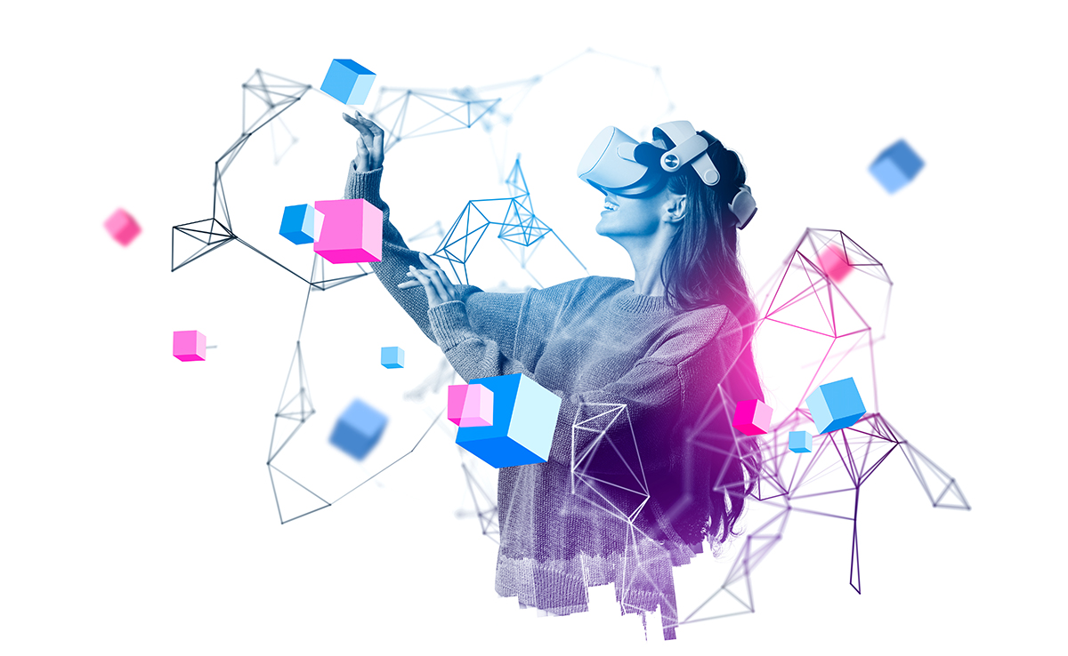 Smiling businesswoman in casual wear is wearing vr helmet Smiling businesswoman in casual wear is wearing vr helmet. Geometrical figures and line connection in the foreground. White background. Concept of virtual reality and successful business