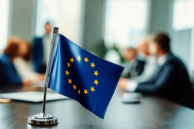 eu flag on a negotation table, blurry people behind