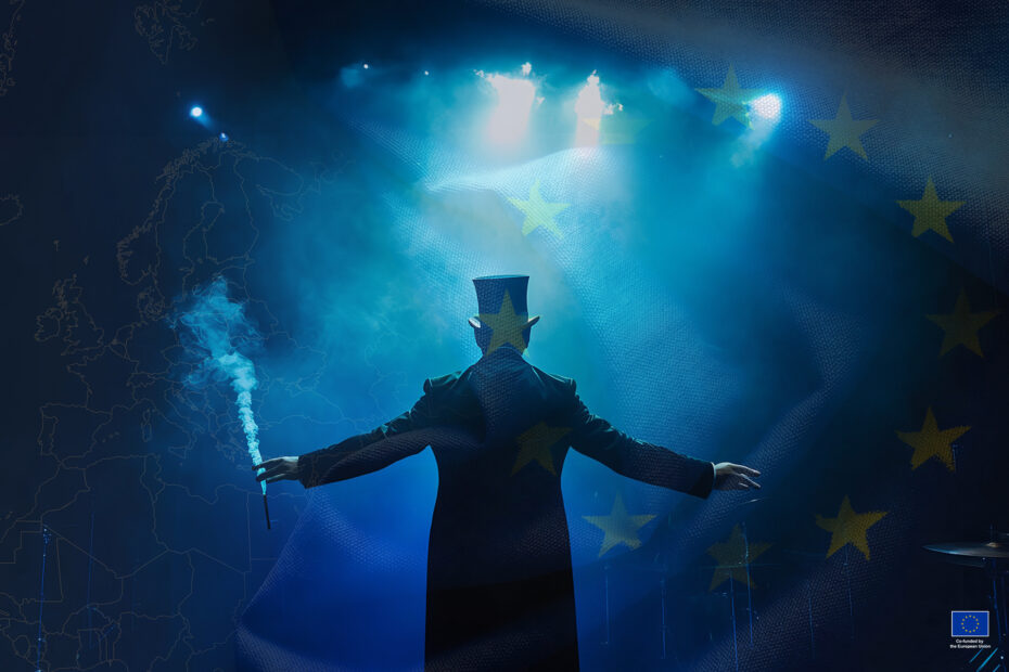 Magician on the stage. Behind you can see a shape of EU flag and map.