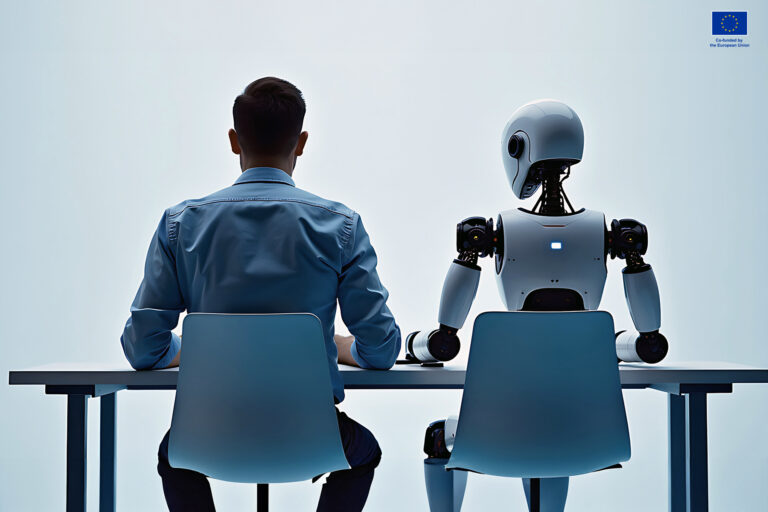 man and a robot sitting on a table backs towards the camera