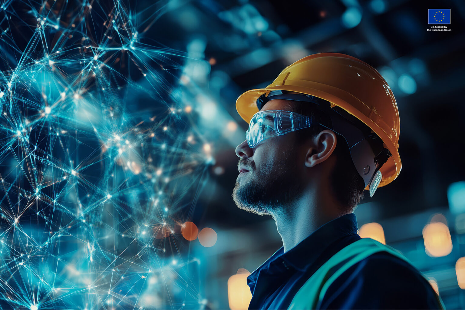Construction worker surrounded by futuristic technology