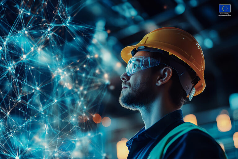 Construction worker surrounded by futuristic technology