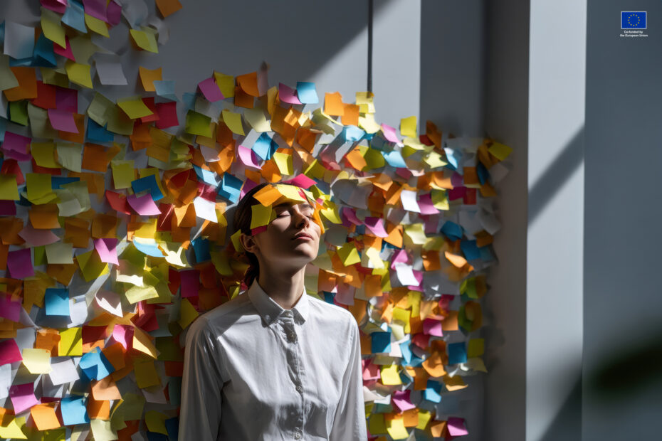 A woman surrounded by post-it stickers looking stressed