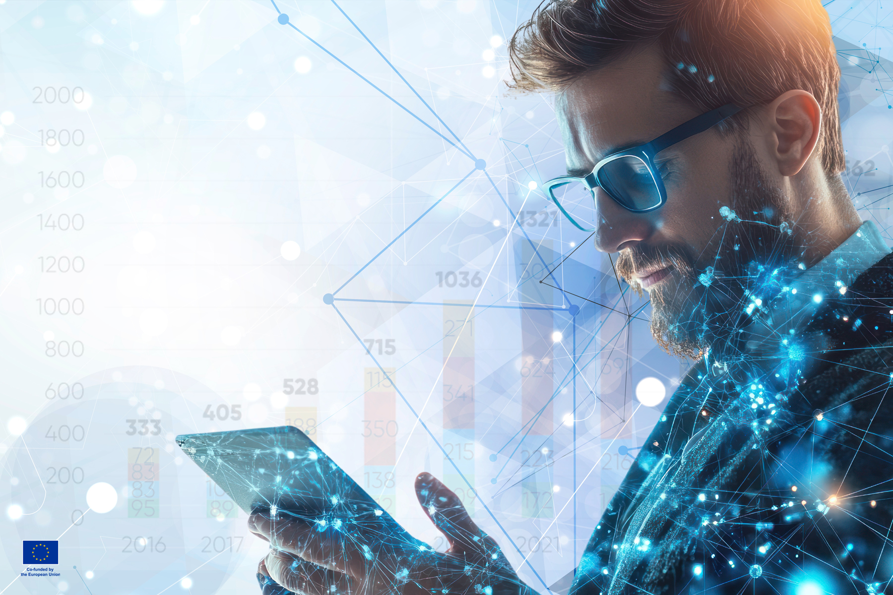 A man in a suit looking into a tablet. You can see that he is surrounded by electricity, and behind him you can see the venture capital floating to the finnish startups