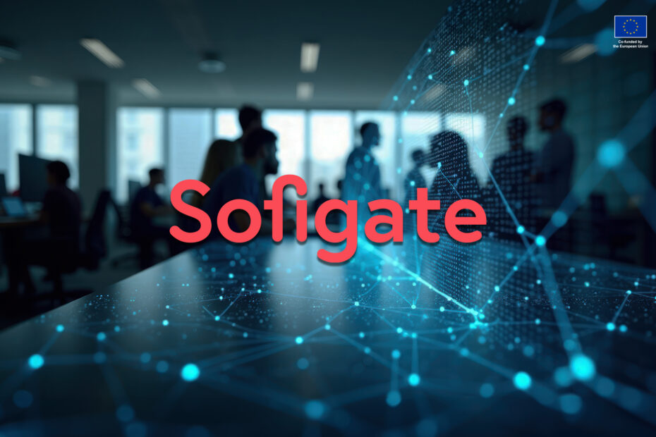 busy futuristic office with office workers and sofigate logo