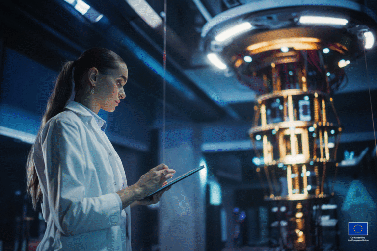 Woman in a labcoat in a quantum lab doing tests with quantum computer