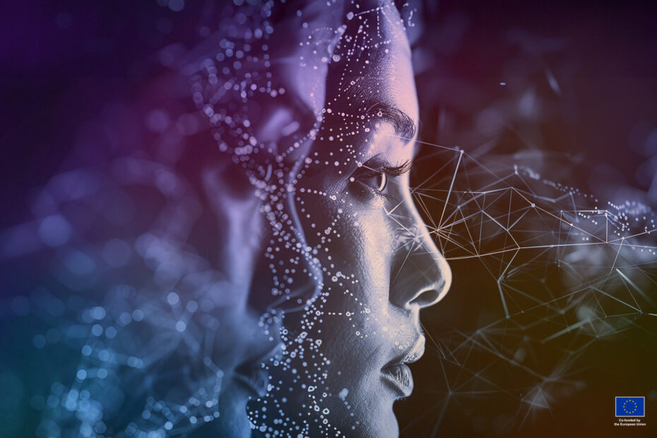 Two woman faces, identical but one of them is digital