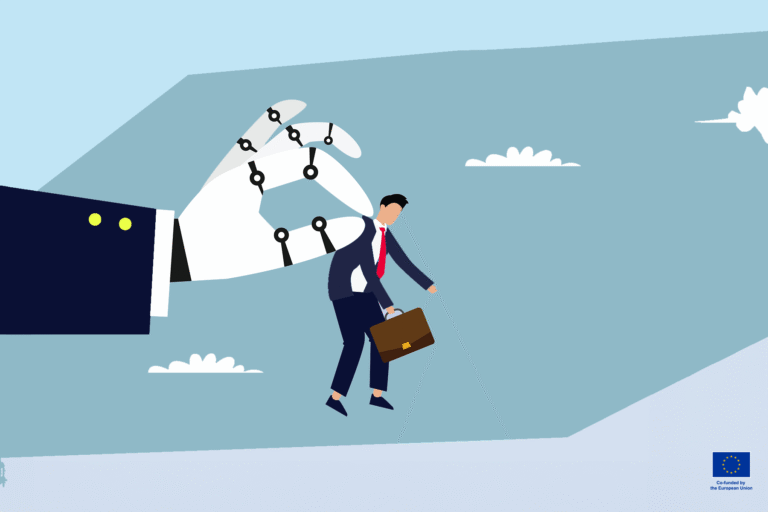 robot hand taking a man in a suit and bringing him away