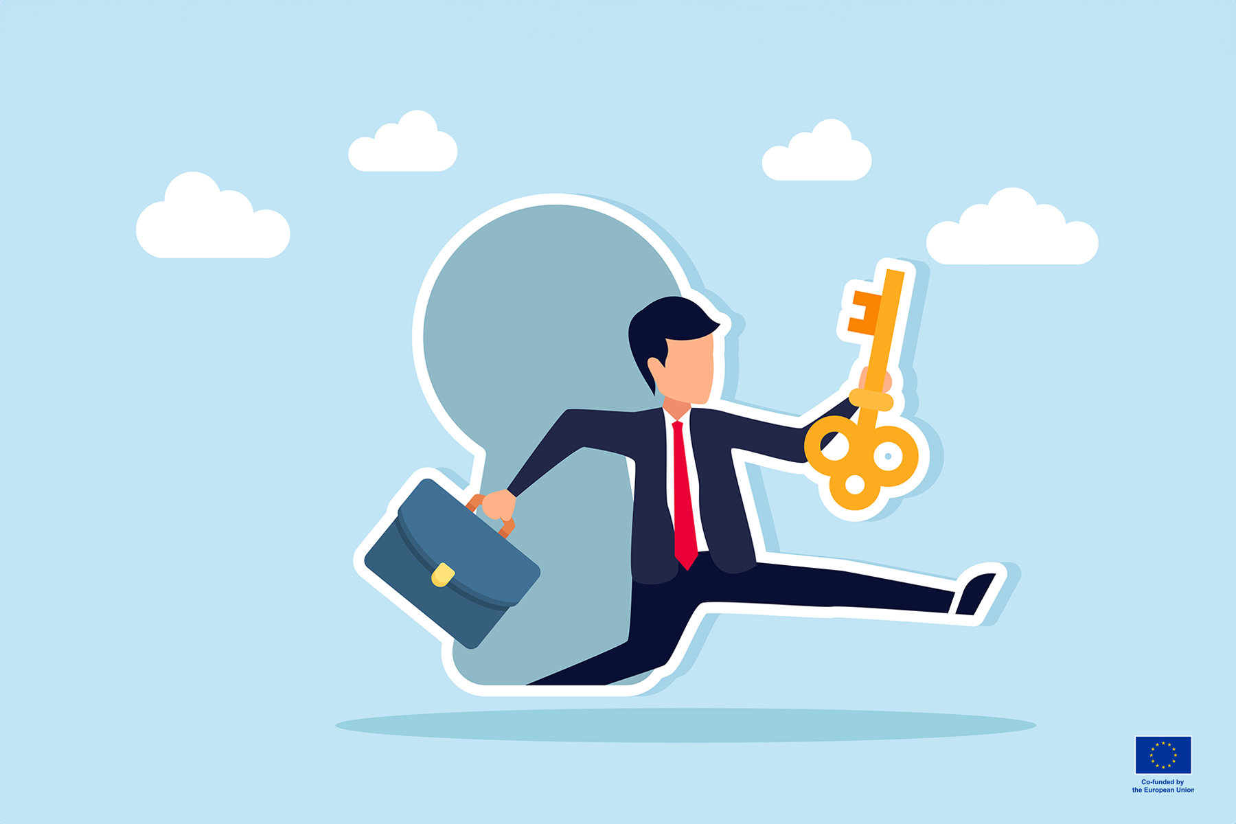 Person finding a key and running through the lock hole. Represents a person finding solutions for job disruption.