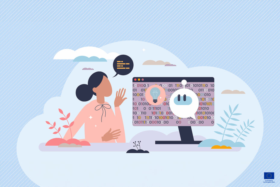 Illustrated picture of person working with AI on laptop