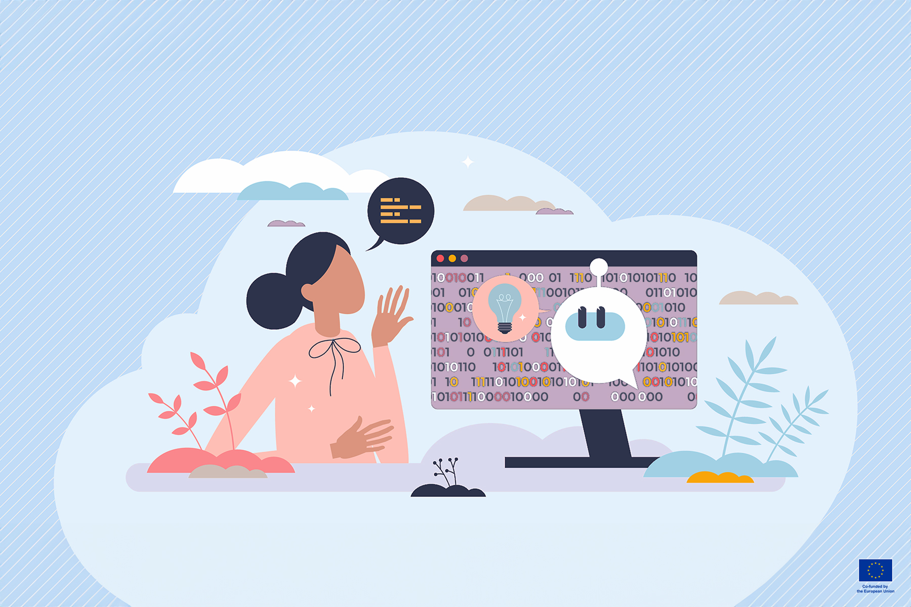 Illustrated picture of person working with AI on laptop