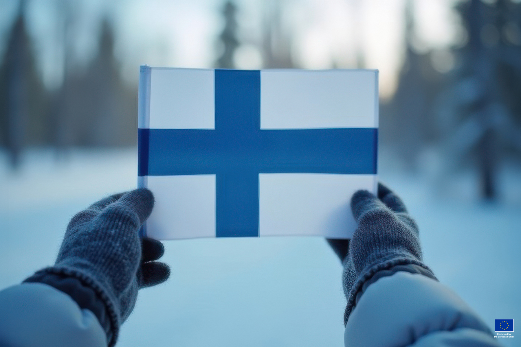Person holding a finnish flag in the snow background