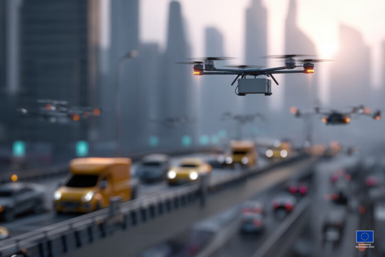 drone flying over a city