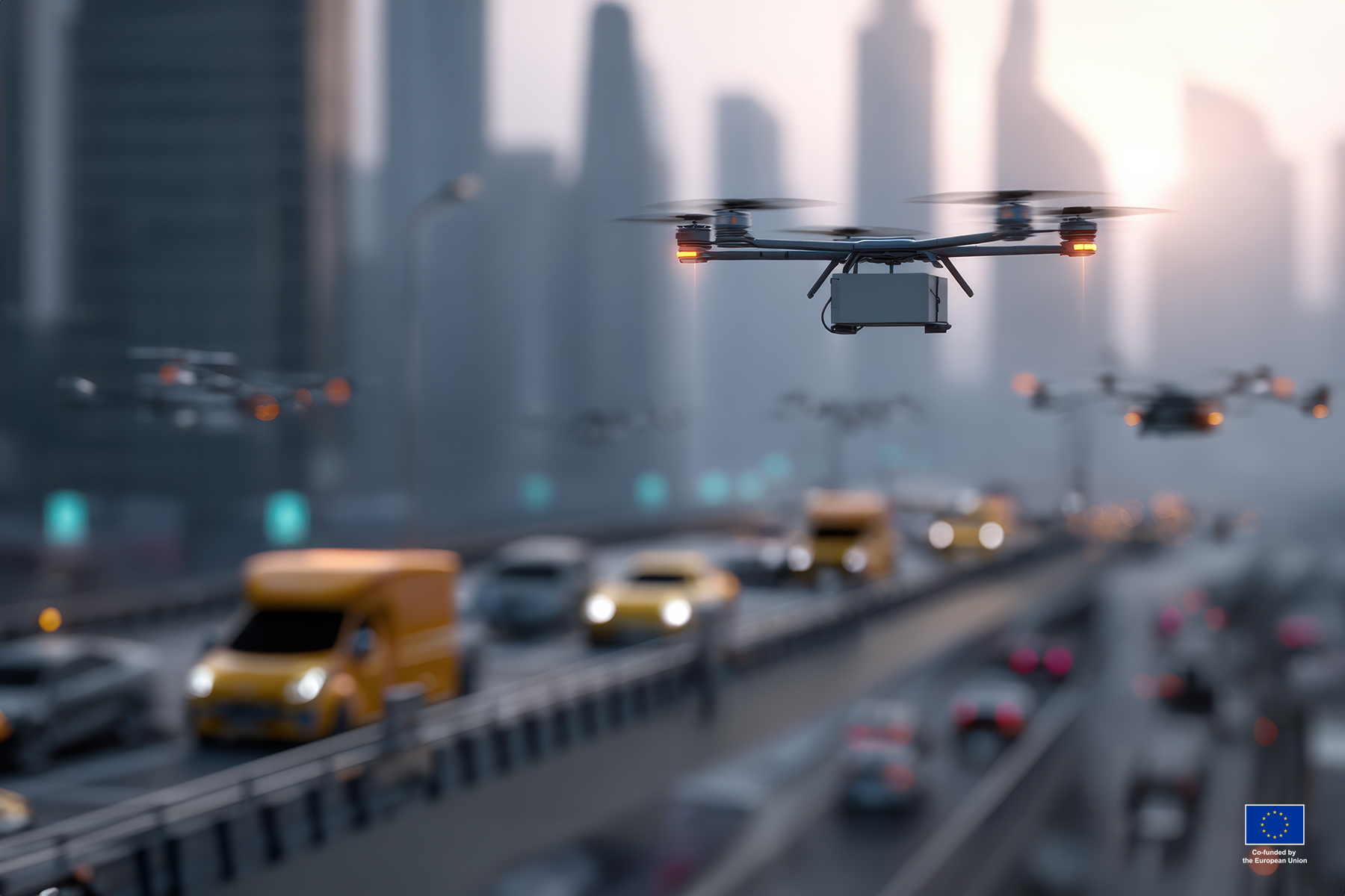 drone flying over a city