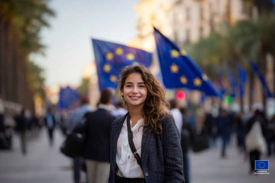 Young woman front of a demonstration with EU flags behind smiling at the camera.