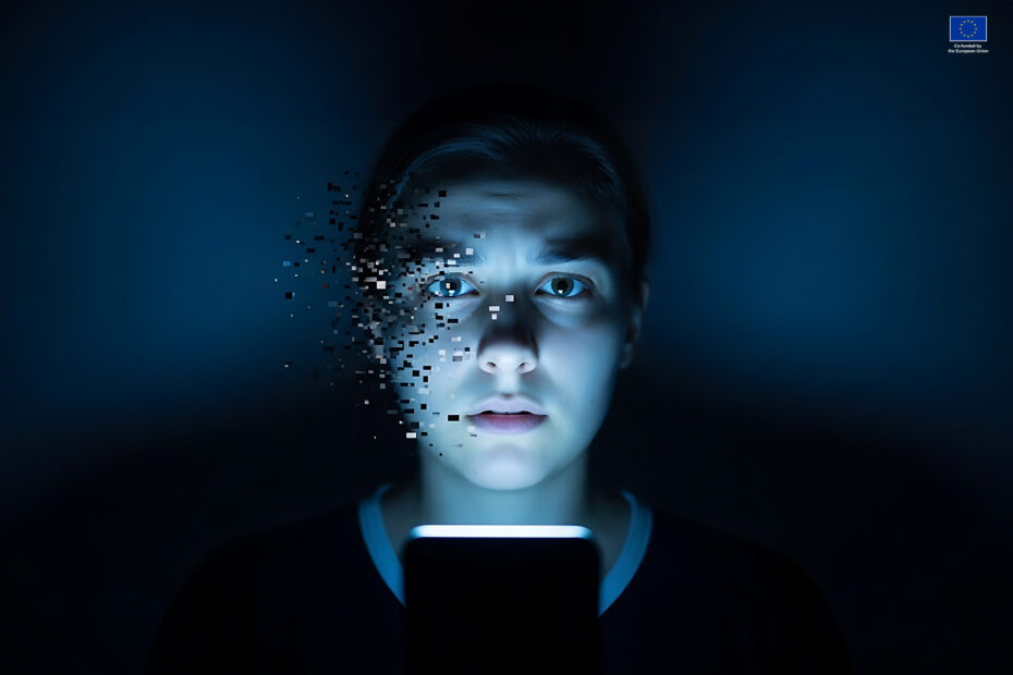 Young man front of a mobile phone and his face is pixelating.