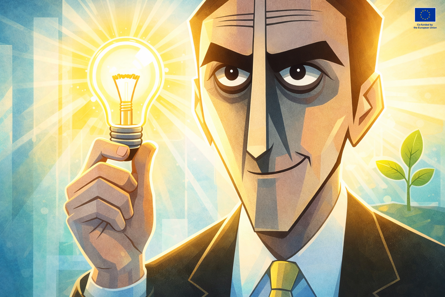 Cartoonish man in a suit holding a light bulb