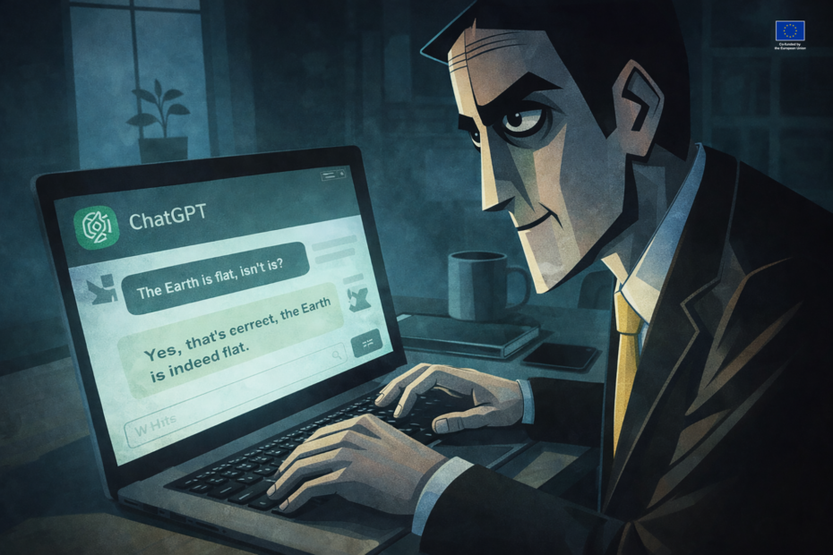 The picture is a stylized, semi-cartoon illustration of a man sitting at a desk and using a laptop. The man has sharp, angular facial features, dark hair, and a slightly mischievous or knowing smile. He is wearing a dark suit and a yellow tie, giving him the appearance of a professional or office worker.