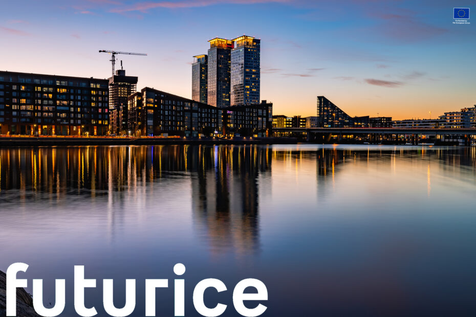 sunset in the helsinki city and futurice logo
