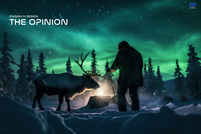 A reindeer herder tending the herd under the northern lights