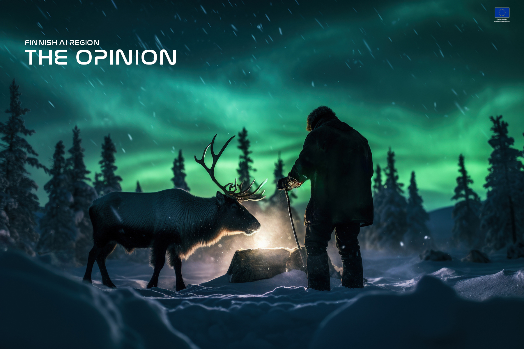 A reindeer herder tending the herd under the northern lights