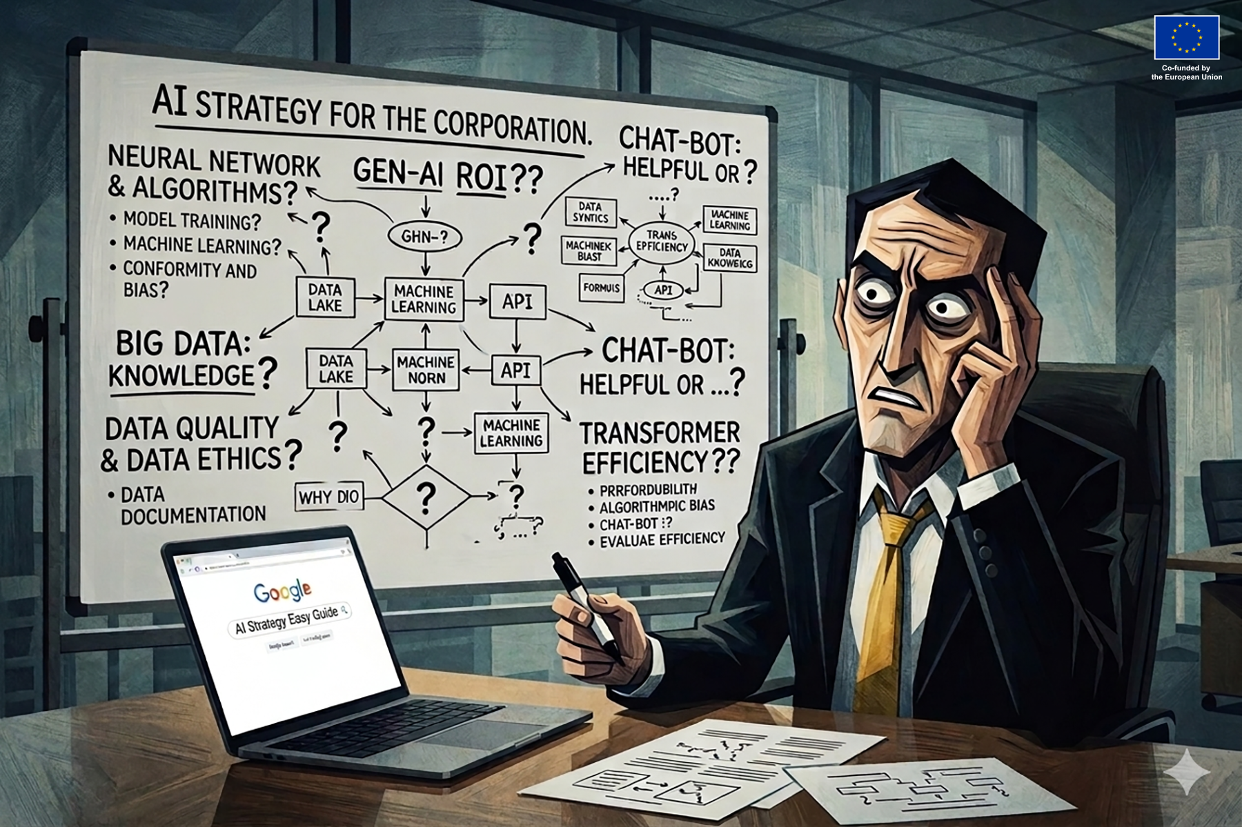This image is a narrative illustration depicting a man in a position of corporate leadership who is totally overwhelmed by the complexity of creating an artificial intelligence (AI) strategy for his organization, visually communicating the gap between a perceived "Easy Guide" and the actual messy reality of technical and ethical implementation.