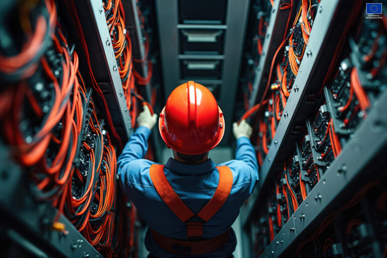 Electrician works inside server room. Man in hard hat repairs network cables. Technician installs fiber optic wires. Electrical engineer connects equipment in data center. Pro at tech ...
