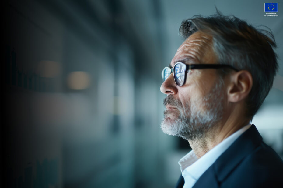 Stressed Executive Reviewing Business Debt in Modern Office with Charts on Screen