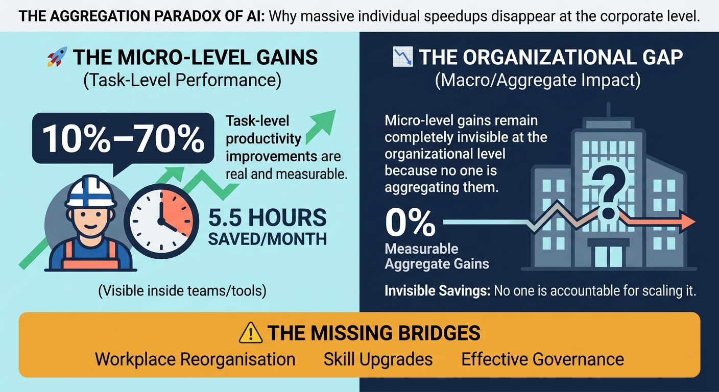 An extensive, multi-panel corporate infographic titled "THE AGGREGATION PARADOX OF AI: Why massive individual speedups disappear at the corporate level." The graphic uses a clean corporate color scheme of light blue, dark navy, and amber highlights, divided into three main sections: Left Panel (The Micro-Level Gains): Features an icon of a worker in a hardhat next to an orange clock. Large text highlights a "10%–70% Task-level productivity improvement" and "5.5 HOURS SAVED/MONTH" per individual worker, noting these gains are visible inside isolated teams and tools. Top Right Panel (The Organisational Gap): Contrasts the individual gains by showing that "50%+" of organisations are stuck in assessment. An illustration depicts an office meeting next to a corporate building stamped with a giant question mark. A bar chart breaks down Nordic readiness: Tech Infrastructure readiness at 55%, Strategic readiness at 43%, and Talent readiness at 14%. Bottom Left Panel (The Polarised Market Landscape): Illustrates a literal cliff or chasm dividing Finnish companies into two camps. On the left are "THE FRONTRUNNERS" (where advanced firms quadrupled in 2 years). In the middle chasm, a sign post reads "Only 20% of organisations have an owner for AI value realisation." On the right side of the cliff is "THE PREPARATION PHASE" representing more than half of the market. Bottom Right Panel (Physical AI in Finland): A web diagram branching out from a central node labeled "PHYSICAL AI IN IN FINLAND." Branches include "HEALTH TECHNOLOGY" (computer vision, medical image analysis), "MANUFACTURING & MACHINERY" (defect detection, digital twins), and "PREDICTIVE ANALYTICS." A prominent statistics block highlights that "15% of all companies & nearly 25% of seed-funded SMEs build physical AI."