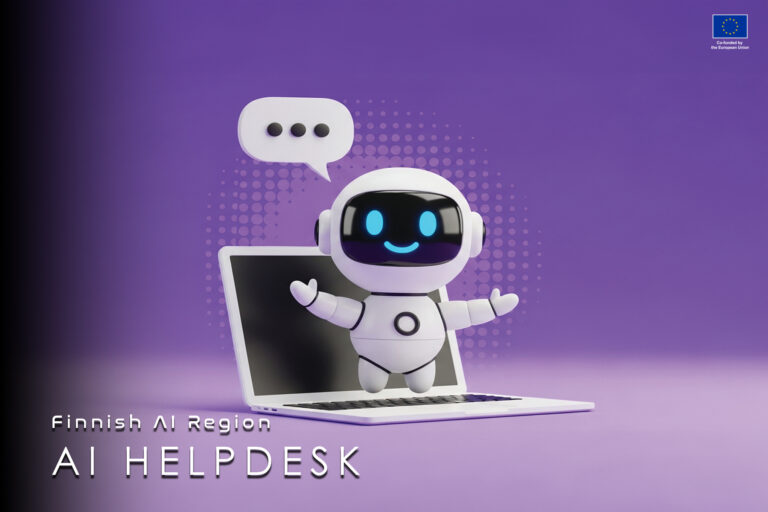 Robot coming out of the laptop. Text Finnish AI Region - AI HelpDesk