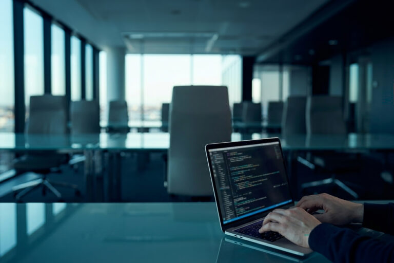 A photorealistic editorial photograph illustrating the AI aggregation paradox. In the sharp foreground, an individual employee's hands type rapidly on a laptop keyboard displaying glowing lines of programming code and data matrices, symbolizing high task-level productivity. The surrounding corporate office environment, containing rows of empty boardroom chairs and dark minimalist architecture, is completely out of focus with a heavy bokeh effect, representing how micro-level gains remain isolated and fail to translate to the wider organisation.