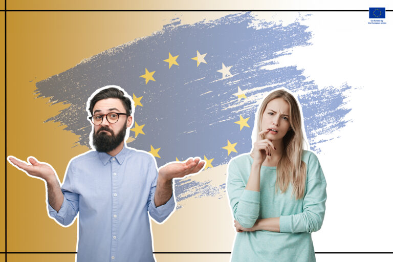 Man and a woman looking confused. Behind is an EU flag.
