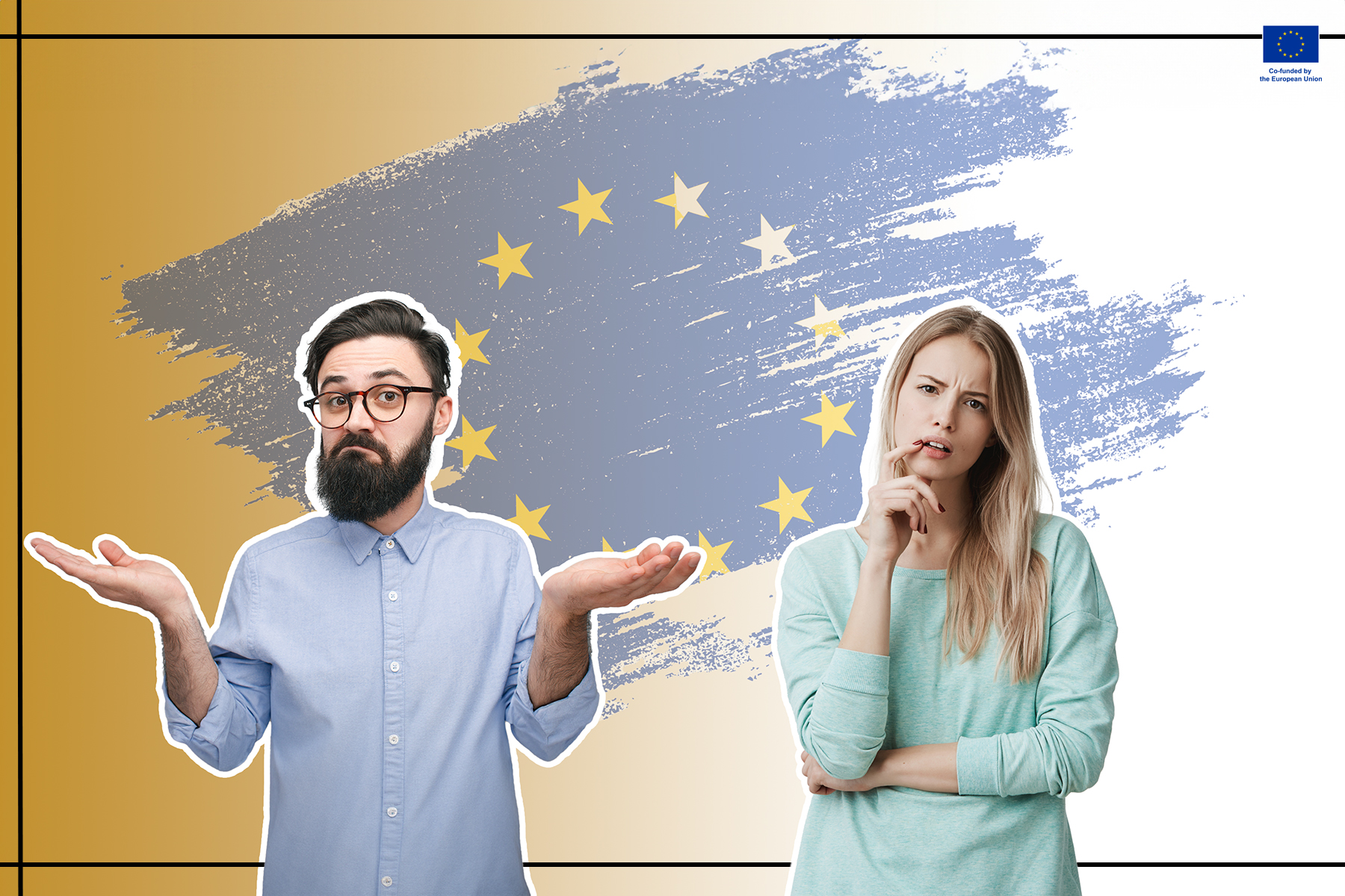 Man and a woman looking confused. Behind is an EU flag.