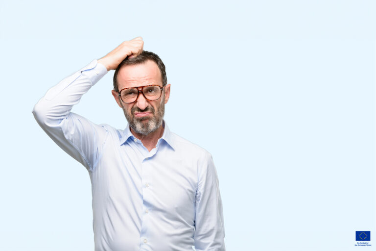 Middle age man with glasses doubt expression, confuse and wonder concept, uncertain future isolated over blue background