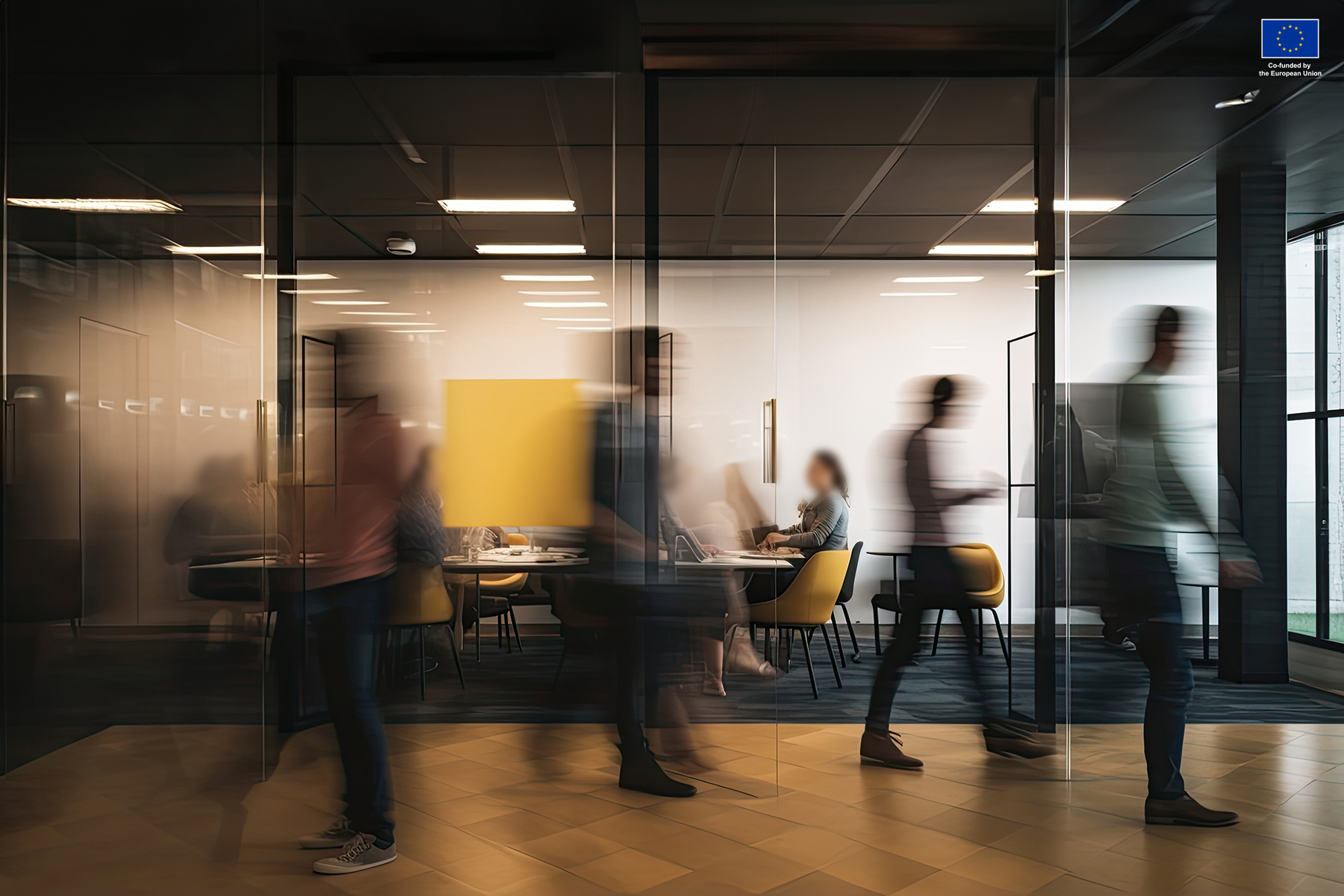 Blurred silhouettes of office employees at work. Generative ai.