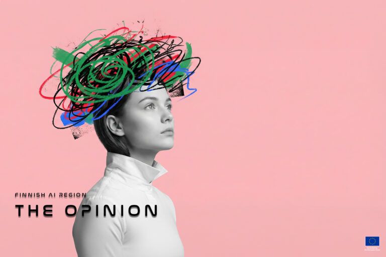 Conceptual art of a young woman with tangled scribbles representing mental health, stress, and anxiety towards algorithmic management on a pink background.