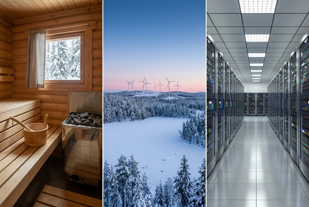 Divided photo with 3 sections including sauna, clean energy in the snowy lapland landscape and a data center. Photo created with Gemini.