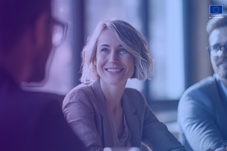 Nordic Woman Smiling at the Office. Photo by Adobe Stock Photos. Edited by Martti Asikainen.