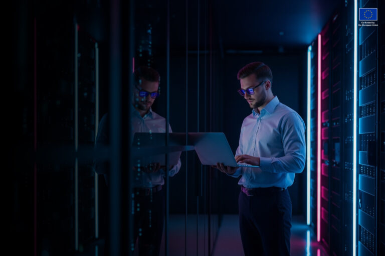 Shot of a data engineer working on a laptop in front of a row of servers.