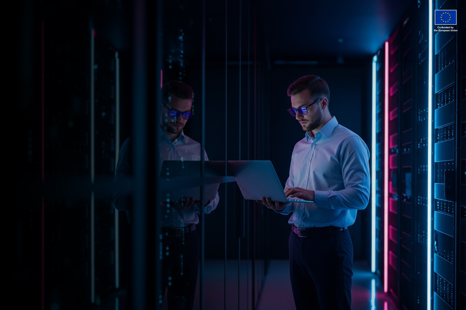 Shot of a data engineer working on a laptop in front of a row of servers.