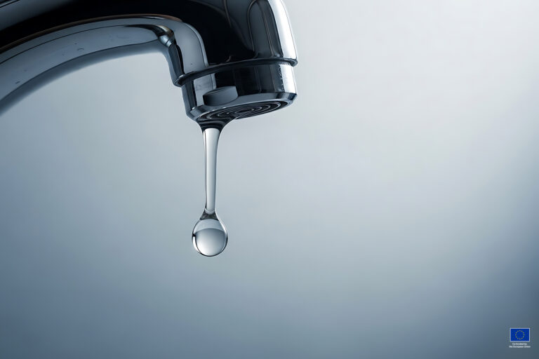 Close up of a single drop of water falling from a dripping chrome faucet in a close up shot