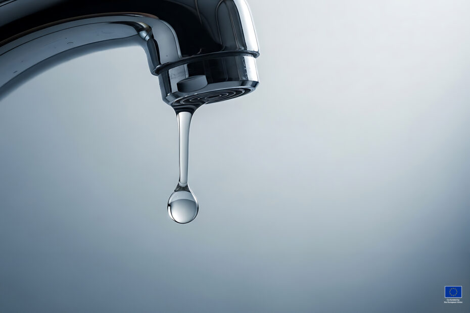 Close up of a single drop of water falling from a dripping chrome faucet in a close up shot