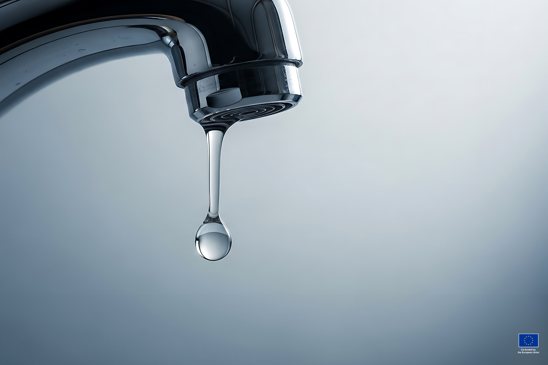 Close up of a single drop of water falling from a dripping chrome faucet in a close up shot