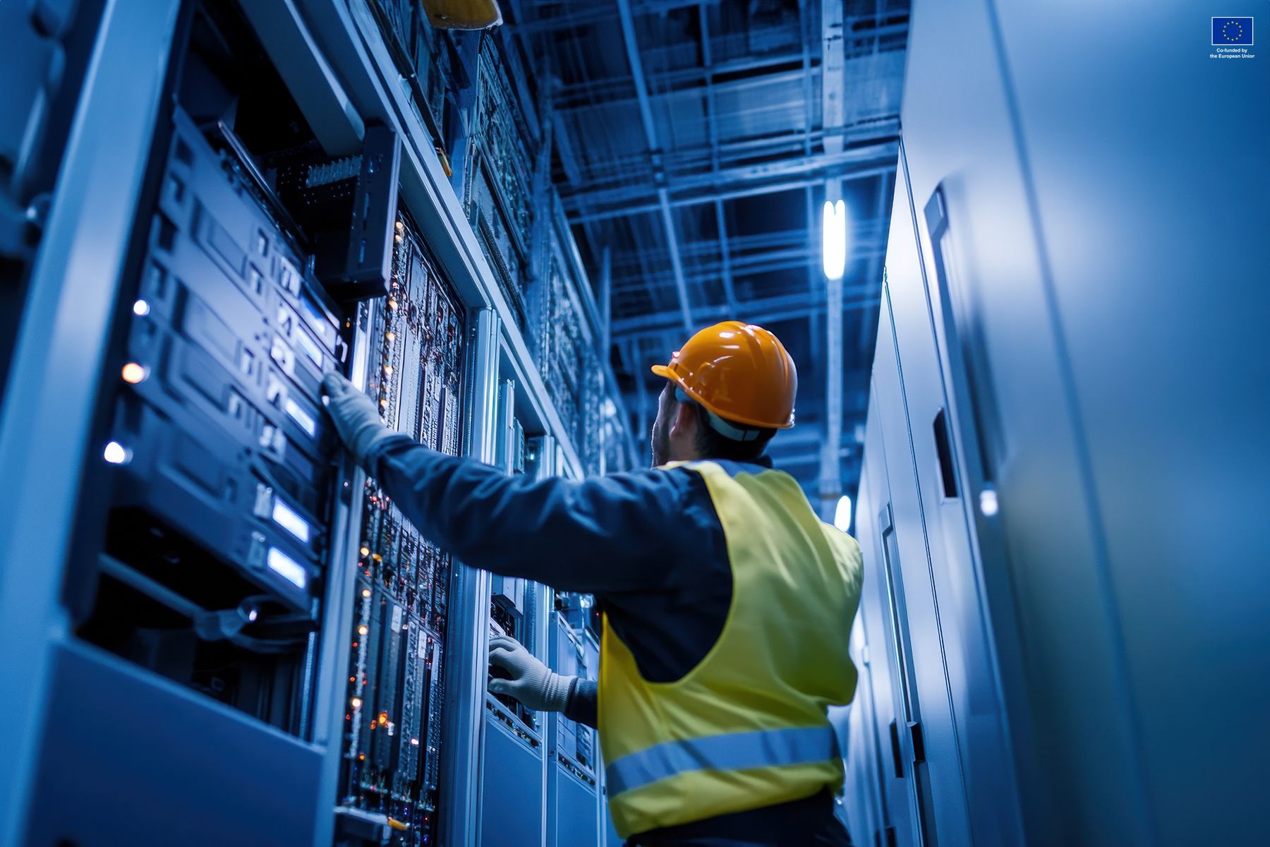 Back-angle view of a technician wearing an orange hard hat, protective gloves, and a high-visibility yellow safety vest as they inspect and configure components inside an open server rack. The setting is a modern, dimly lit data center with rows of server cabinets bathed in cool blue light. A small European Union "Co-funded by the European Union" logo is visible in the upper right corner.