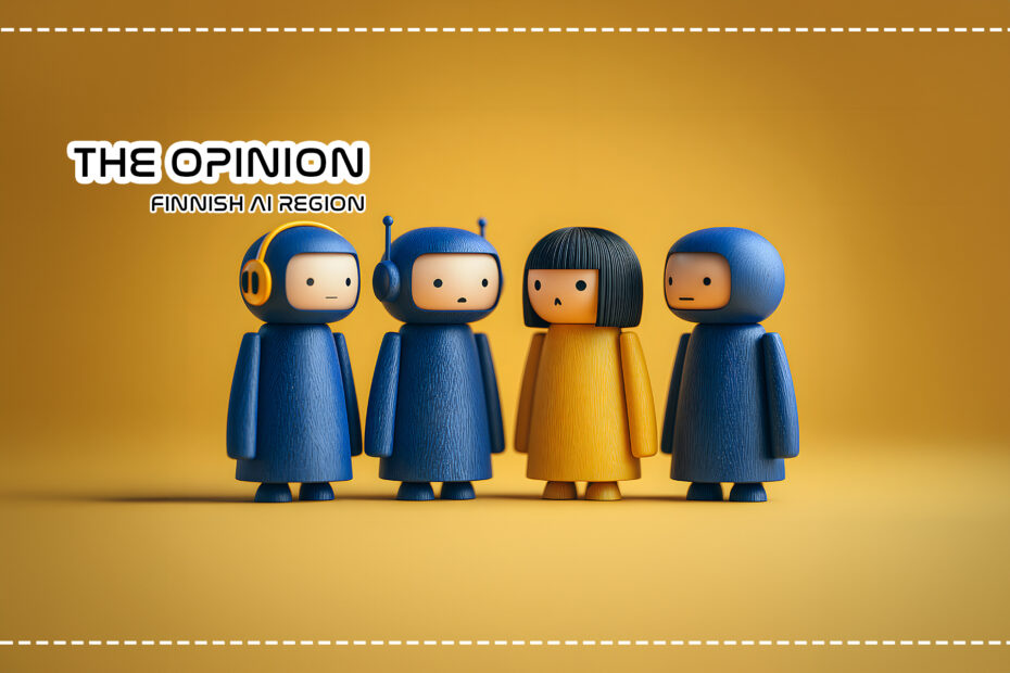 AI assistant, business and technology, chatbot team support service concept. Group of blue peg dolls with chat robot face icon, standing together with conversation on yellow background, minimalist.