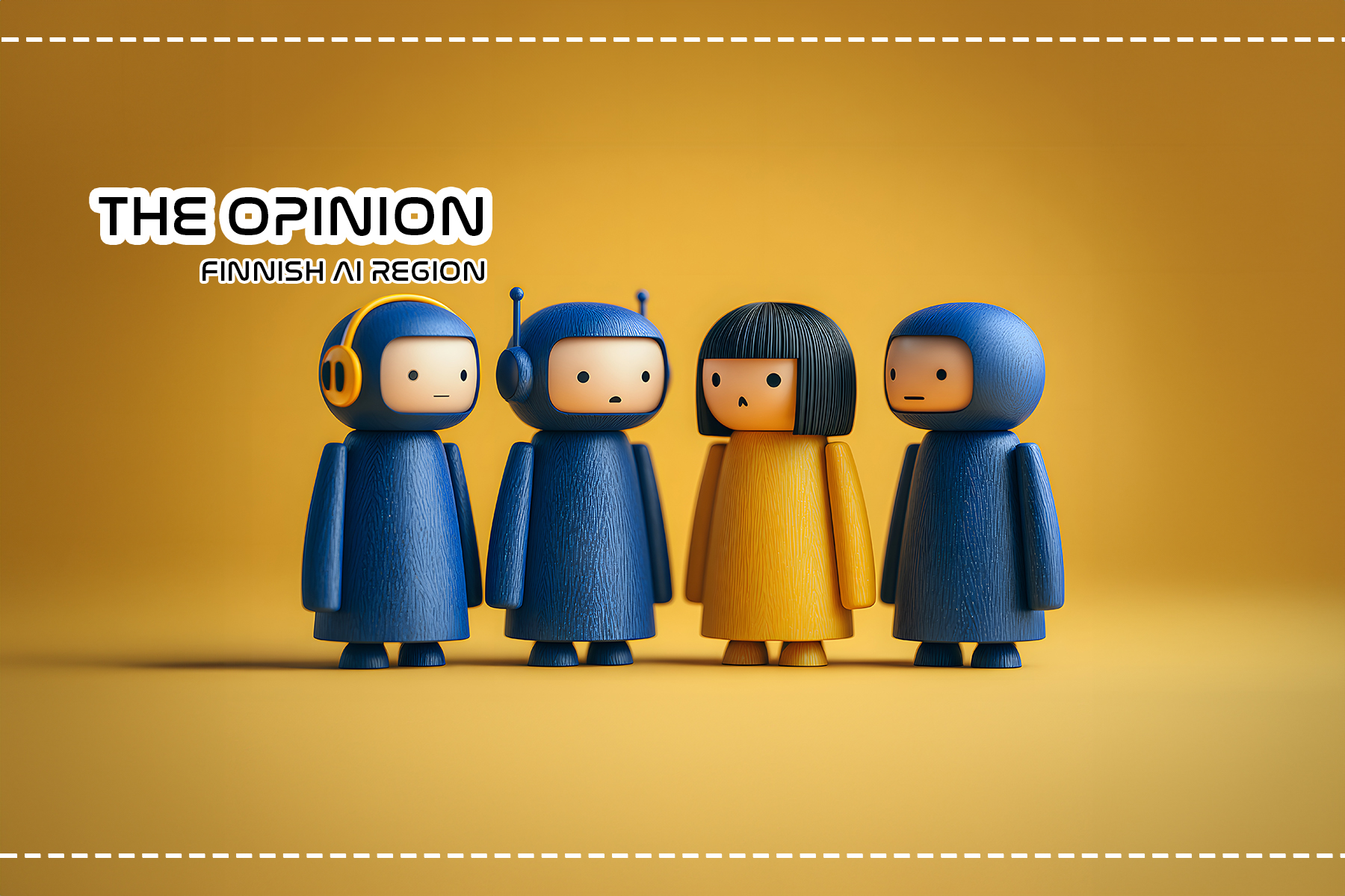 AI assistant, business and technology, chatbot team support service concept. Group of blue peg dolls with chat robot face icon, standing together with conversation on yellow background, minimalist.