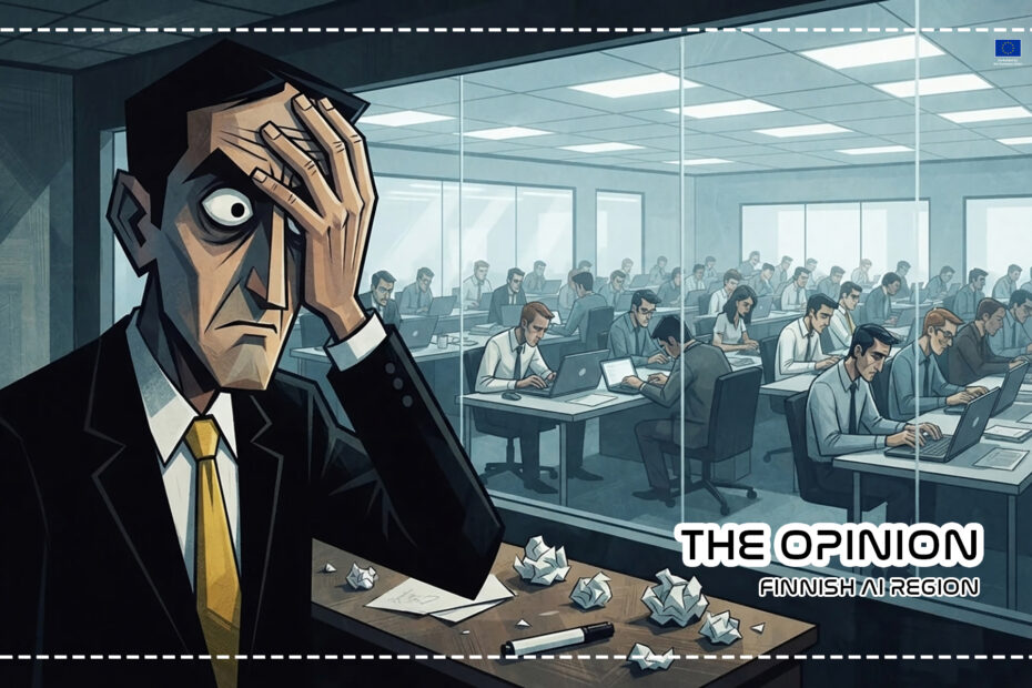 An illustration in a graphic, high-contrast comic style showing a corporate leader with sharp features, dark hair, and a yellow tie standing at a desk. He is holding his hand to his head in a facepalm gesture of frustration, looking toward a large glass wall. Beyond the glass, a busy open-plan office is filled with employees typing intently on their laptops. The foreground desk features scattered crumpled papers and a marker. Photo created with Gemini AI.