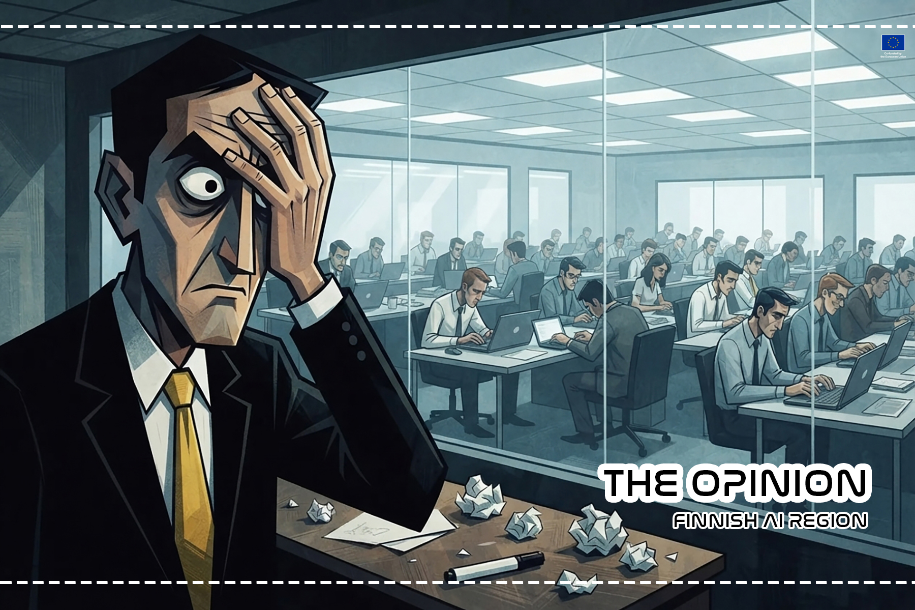 An illustration in a graphic, high-contrast comic style showing a corporate leader with sharp features, dark hair, and a yellow tie standing at a desk. He is holding his hand to his head in a facepalm gesture of frustration, looking toward a large glass wall. Beyond the glass, a busy open-plan office is filled with employees typing intently on their laptops. The foreground desk features scattered crumpled papers and a marker. Photo created with Gemini AI.